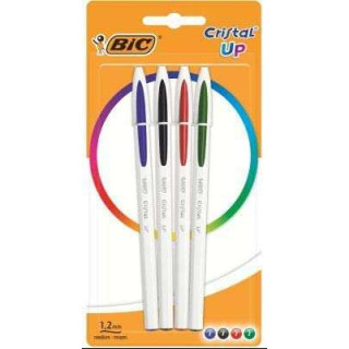 Bic Cristal Up Pack de 4 Boligrafos de Bola - Punta Redonda de 1.2mm - Trazo 0.6mm - Tinta con Base de Aceite - Cuerpo Blanco -