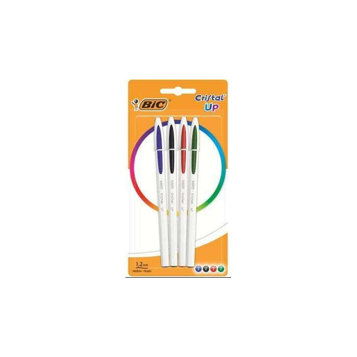 Bic Cristal Up Pack de 4 Boligrafos de Bola - Punta Redonda de 1.2mm - Trazo 0.6mm - Tinta con Base de Aceite - Cuerpo Blanco -