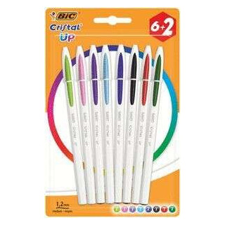 Bic Cristal Up Pack de 8 Boligrafos de Bola - Punta Redonda de 1.2mm - Trazo 0.6mm - Tinta con Base de Aceite - Cuerpo Blanco -