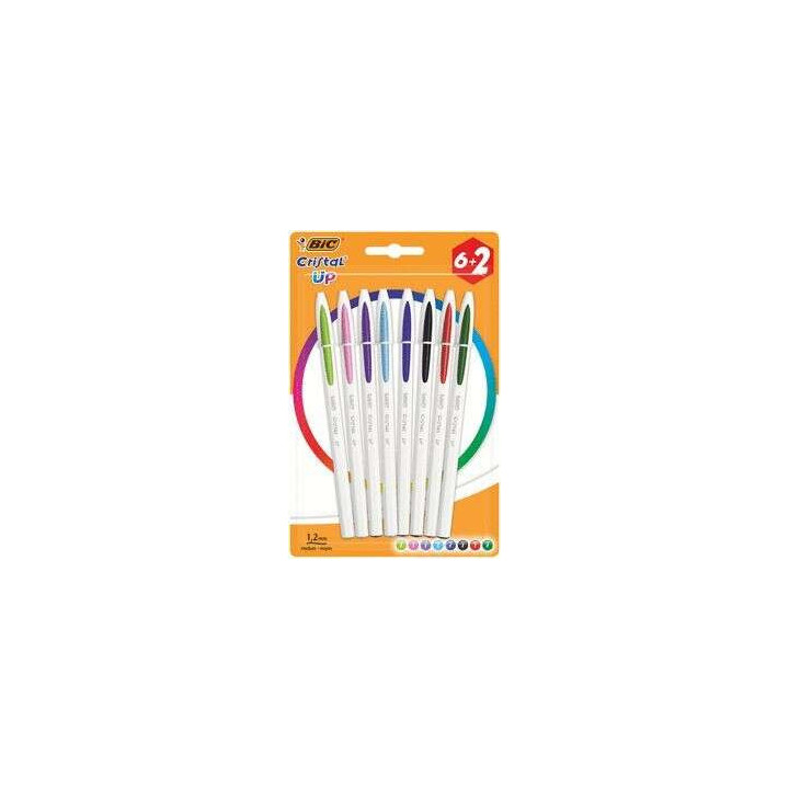 Bic Cristal Up Pack de 8 Boligrafos de Bola - Punta Redonda de 1.2mm - Trazo 0.6mm - Tinta con Base de Aceite - Cuerpo Blanco -