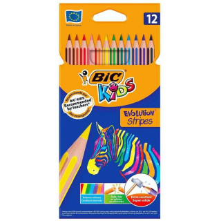 Bic Kids Evolution Stripes Caja de 12 Lapices de Colores Surtidos - Fabricados en Resina - Punta Ultraresistente - Mina Pigment