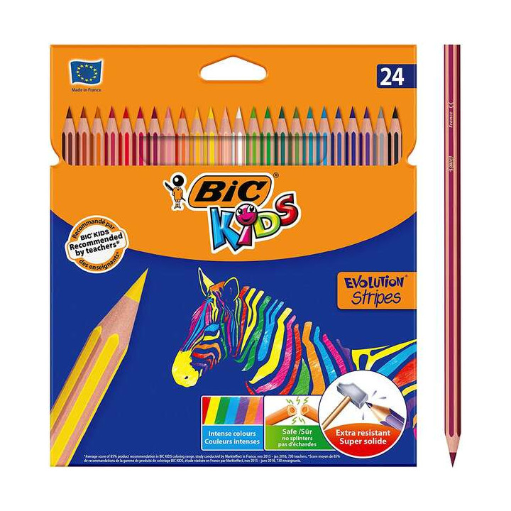 Bic Kids Evolution Stripes Caja de 24 Lapices de Colores surtidos - Fabricados en Resina - Punta Ultraresistente - Mina Pigment
