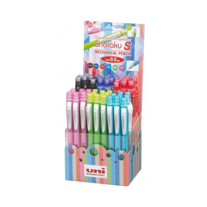Uni-ball Shalaku S M5-228 Expositor de 48 Portaminas 0.5mm - Contiene 2 Minas HB - Goma de Borrar Incluida - Cuerpo de Colores