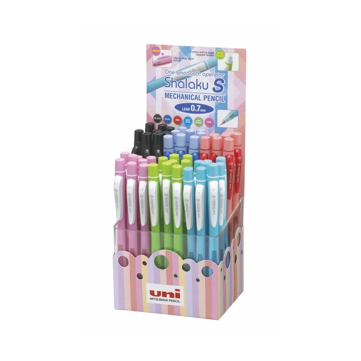 Uni-ball Shalaku S M7-228 Expositor de 48 Portaminas 0.7mm - 2 Minas HB - Goma de Borrar Incluida - Cuerpo de Colores Surtidos