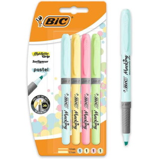 Bic Highlighter Grip Pack de 4 Marcadores Fluorescentes Pastel - Tinta con Base de Agua - Punta Biselada - Trazo entre 1.60 y 3