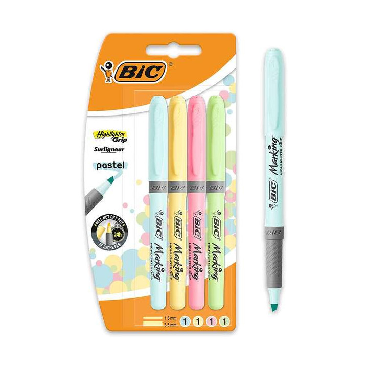 Bic Highlighter Grip Pack de 4 Marcadores Fluorescentes Pastel - Tinta con Base de Agua - Punta Biselada - Trazo entre 1.60 y 3