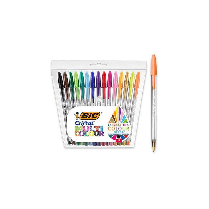 Bic Cristal Multicolour Pack de 15 Boligrafos de Bola - Punta 1.6mm - Trazo 0.42mm - Tinta con Base de Aceite - Colores Surtido