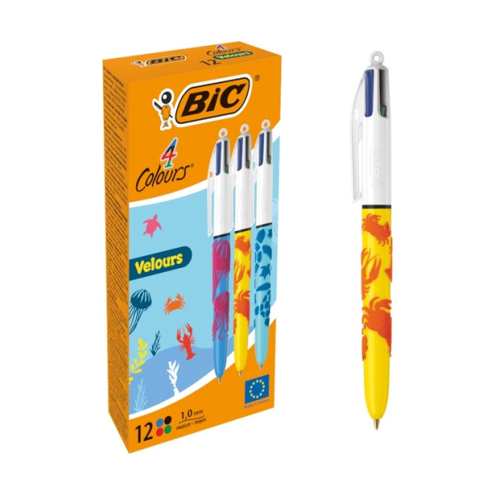 Bic 4 Colours Velours Boligrafo de Bola Retractil - Punta Media de 1.0 mm - Tinta con Base de Aceite - Diseño Mar