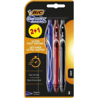 Bic Gel-Ocity Quick Dry 2+1 Pack de 3 Boligrafos Retractiles - Grip de Goma - Punta Media de 0.7mm - Secado Ultra Rapido - No M