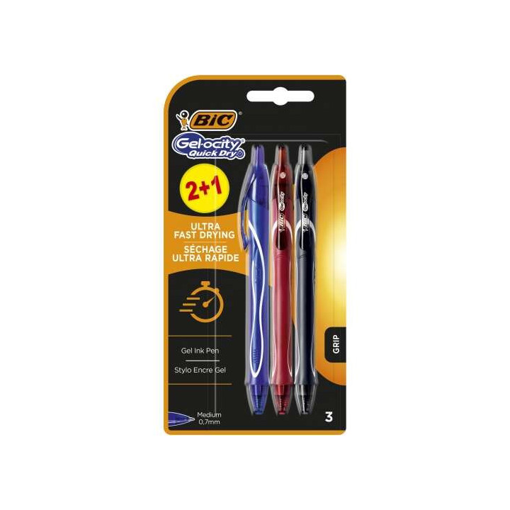 Bic Gel-Ocity Quick Dry 2+1 Pack de 3 Boligrafos Retractiles - Grip de Goma - Punta Media de 0.7mm - Secado Ultra Rapido - No M