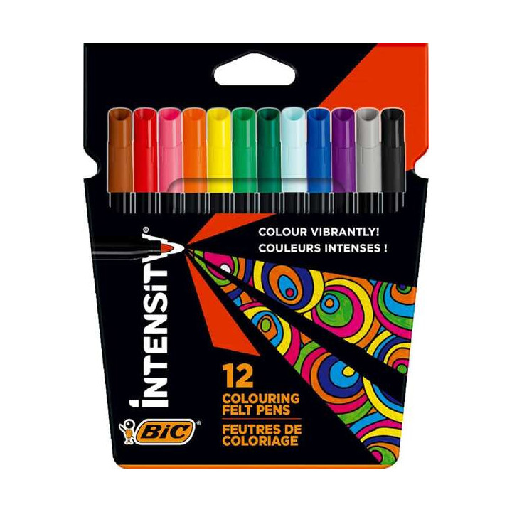 Bic Intensity Pack de 12 Rotuladores - Punta 0.9mm - Tinta con Base de Agua Lavable - Colores Surtidos