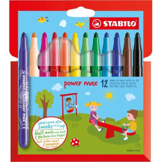 Stabilo Power Max Pack de 12 Rotuladores de Punta Gruesa - Trazo 3mm - Tinta Lavable - No se Seca - Colores Surtidos