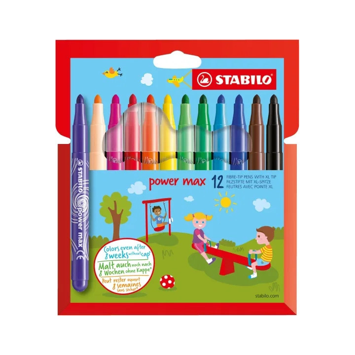 Stabilo Power Max Pack de 12 Rotuladores de Punta Gruesa - Trazo 3mm - Tinta Lavable - No se Seca - Colores Surtidos