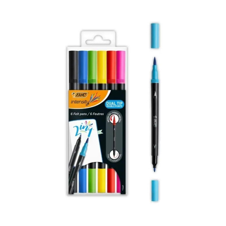 Bic Intensity Dual Tip Pack de 6 Rotuladores Doble Punta - Punta de Pincel + Punta Fina - Tinta con Base de Agua - Colores Clas