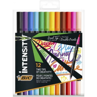 Bic Intensity Dual Tip Pack de 12 Rotuladores Doble Punta - Punta de Pincel + Punta Fina - Tinta con Base de Agua - Colores Cla