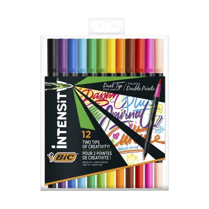 Bic Intensity Dual Tip Pack de 12 Rotuladores Doble Punta - Punta de Pincel + Punta Fina - Tinta con Base de Agua - Colores Cla