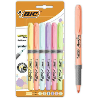 Bic Highlighter Grip Pack de 6 Marcadores Fluorescentes Pastel - Tinta con Base de Agua - Punta Biselada - Trazo entre 1.60 y 3