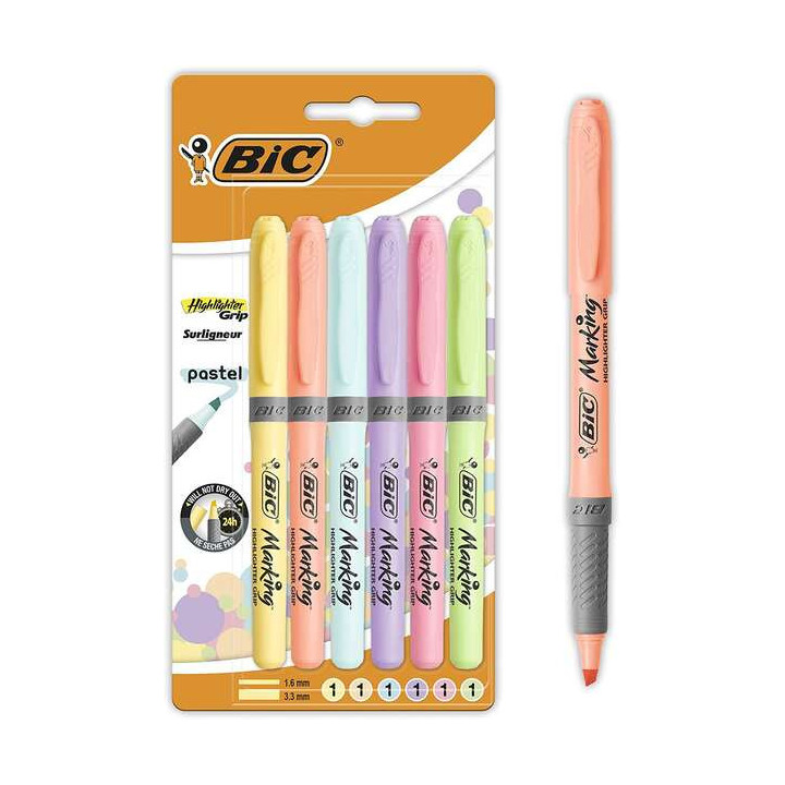 Bic Highlighter Grip Pack de 6 Marcadores Fluorescentes Pastel - Tinta con Base de Agua - Punta Biselada - Trazo entre 1.60 y 3