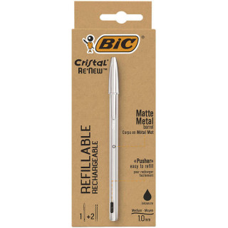 Bic Cristal Re´new Pack de Boligrafo Recargable de Bola + 2 Recambios - Punta Redonda de 1.0mm - Trazo 0.32mm - Tinta con Base