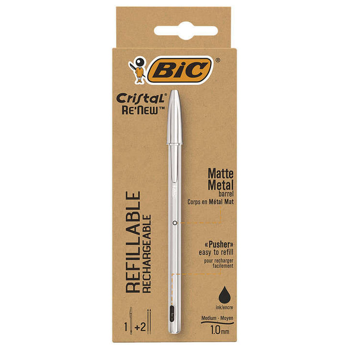 Bic Cristal Re´new Pack de Boligrafo Recargable de Bola + 2 Recambios - Punta Redonda de 1.0mm - Trazo 0.32mm - Tinta con Base
