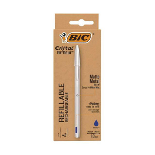 Bic Cristal Re´new Pack de Boligrafo Recargable de Bola + 2 Recambios - Punta Redonda de 1.0mm - Trazo 0.32mm - Tinta con Base