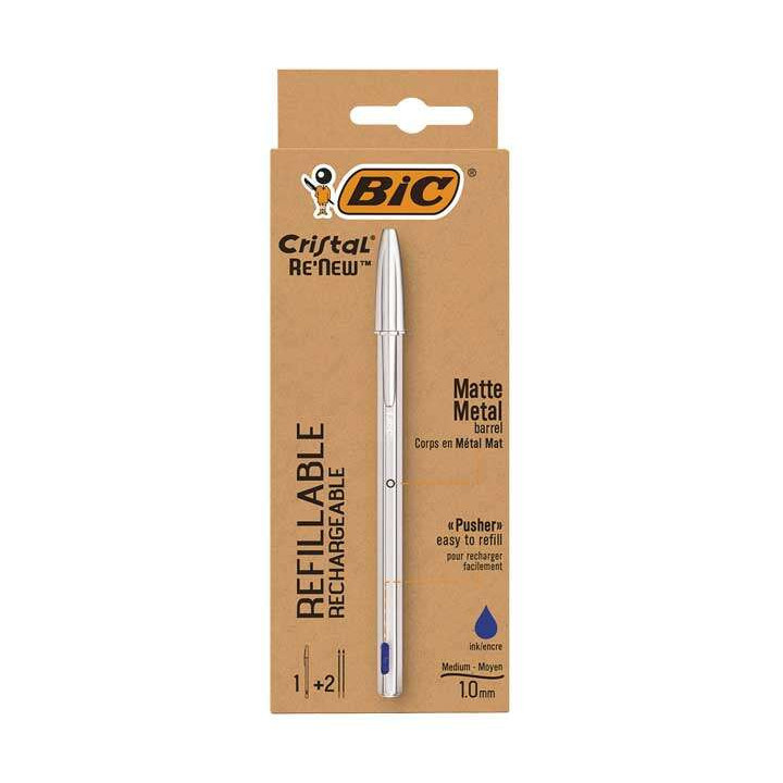 Bic Cristal Re´new Pack de Boligrafo Recargable de Bola + 2 Recambios - Punta Redonda de 1.0mm - Trazo 0.32mm - Tinta con Base