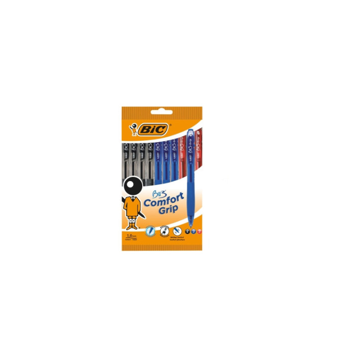 Bic Bu3 Pack de 10 Boligrafos Retractiles - Punta Media de 1mm - Trazo 0.32mm - Grip de Goma - Escritura mas Fluida - Colores S