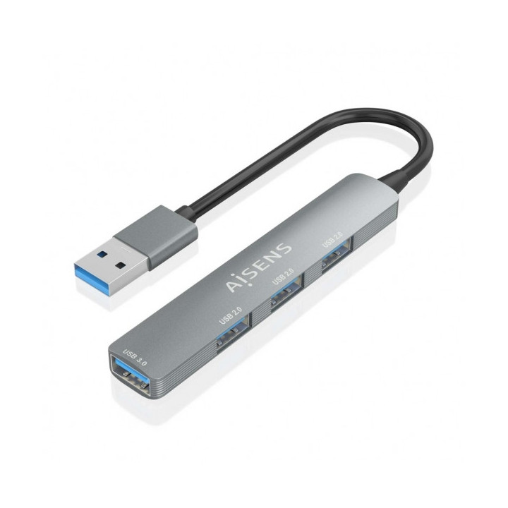 Aisens Hub USB Ultra Delgado de Aluminio - 1xUSB3.0 + 3xUSB2.0 - Alta Velocidad 5 Gbps - Alimentacion por Bus USB - Color Gris