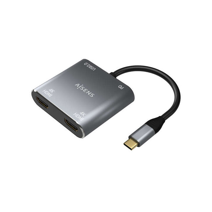 Aisens Conversor USB-C a 2xHDMI 4K SST MST/USB2.0/USB-C PD 60W - USB-C/M-2xHDMI/H-USB-A/H-USB-C/H - 15CM - Color Gris
