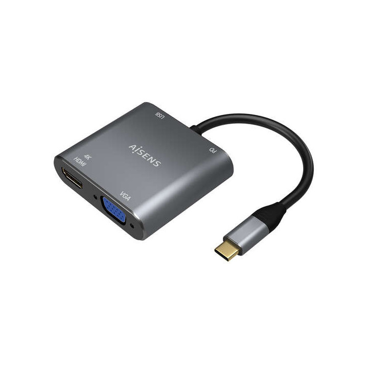 Aisens Conversor USB-C a VGA/HDMI 4K/USB3.0/USB-C PD - USB-C/M-VGA/H-HDMI/H-USB-A/H-USB-C/H - 15CM - Color Gris