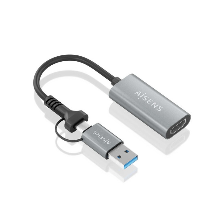Aisens Conversor Aluminio USB-A+USB-C a HDMI 1080P@60HZ - USB-A/M+USB-C/M-HDMI/H - 15cm - Color Gris