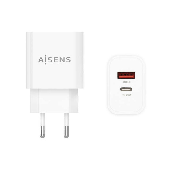 Aisens Cargador 20W - 1xUSB-C PD3.0 - 1xUSB-A QC3.0 - Color Blanco