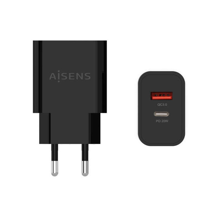 Aisens Cargador 20W - 1xUSB-C PD3.0 - 1xUSB-A QC3.0 - Color Negro