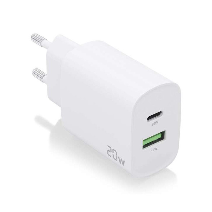 Aisens Cargador 20W - 1xUSB-C PD3.0 - 1xUSB-A QC3.0 - Color Blanco