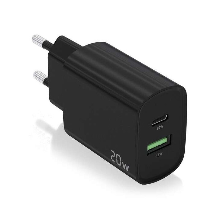 Aisens Cargador 20W - 1xUSB-C PD3.0 - 1xUSB-A QC3.0 - Color Negro