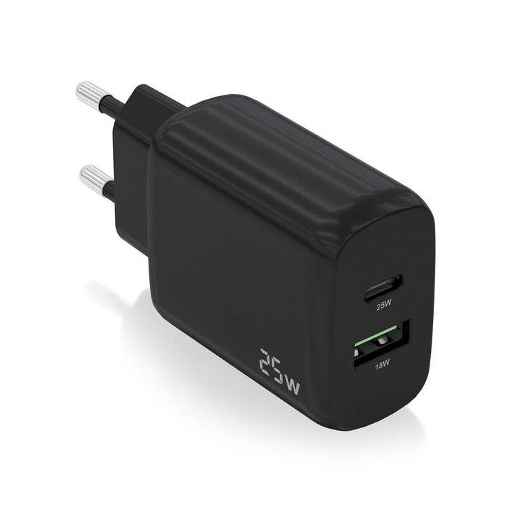 Aisens Cargador 25W - 1xUSB-C PD3.0 - 1xUSB-A QC3.0 - Color Negro