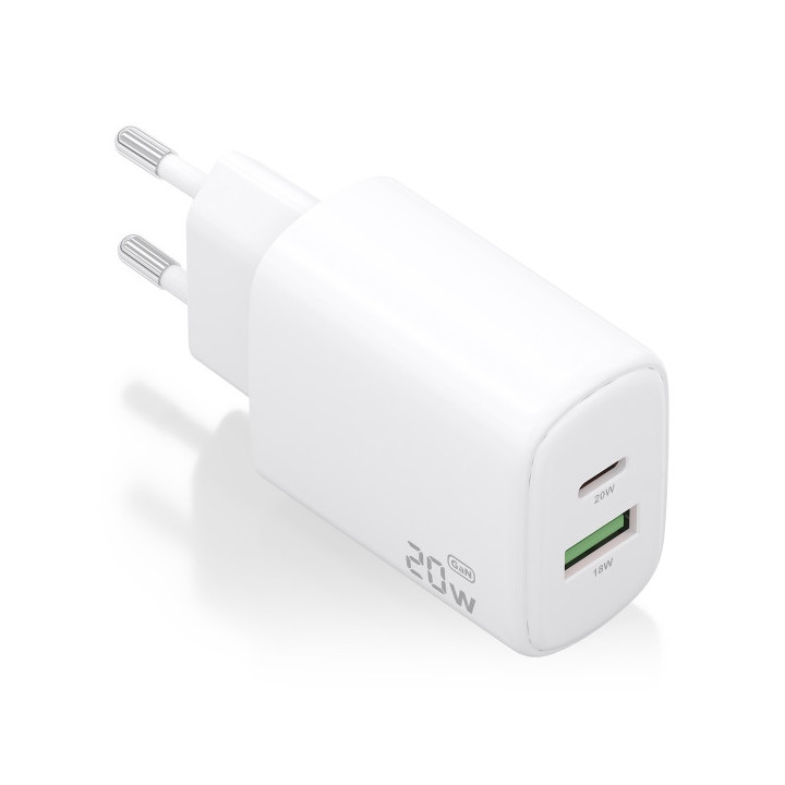 Aisens Cargador GaN 20W - 1xUSB-C PD3.0 - 1xUSB-A QC3.0 - Color Blanco