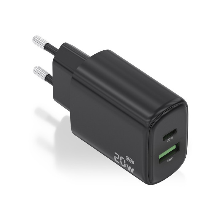 Aisens Cargador GaN 20W - 1xUSB-C PD3.0 - 1xUSB-A QC3.0 - Color Negro
