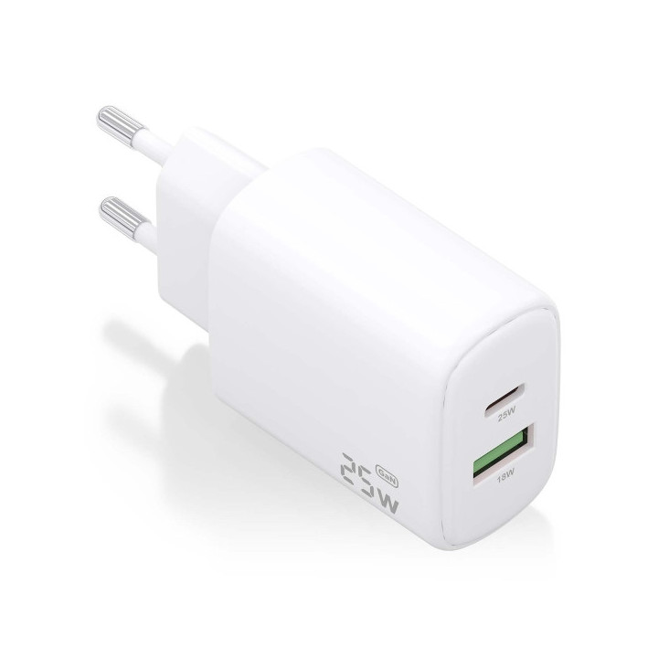 Aisens Cargador 25W - 1xUSB-C PD3.0 - 1xUSB-A QC3.0 - Color Blanco