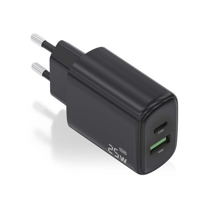Aisens Cargador 25W - 1xUSB-C PD3.0 - 1xUSB-A QC3.0 - Color Negro