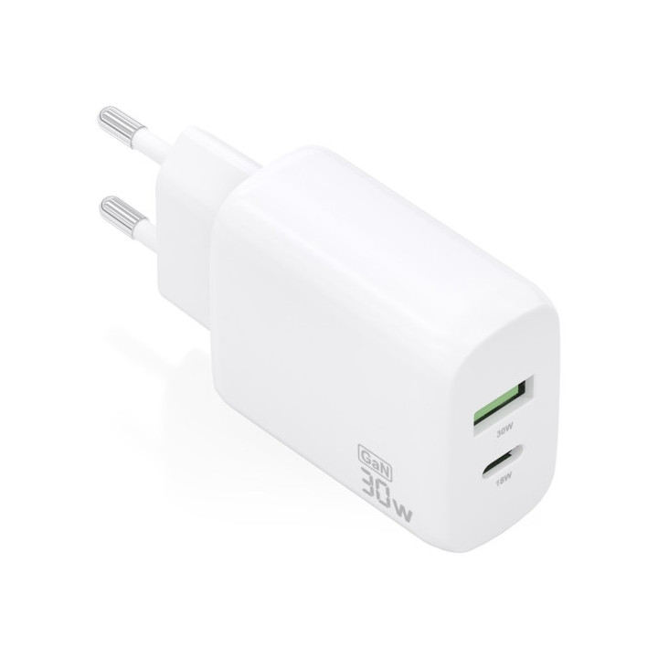 Aisens Cargador GaN 30W - 1xUSB-C PD3.0 QC4.0 - 1xUSB-A QC3.0 - Color Blanco