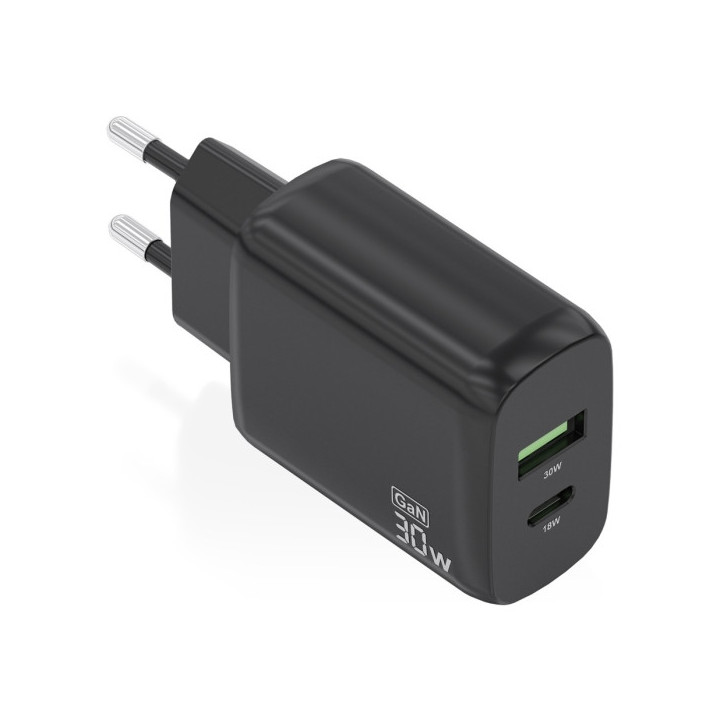 Aisens Cargador GaN 30W - 1xUSB-C PD3.0 QC4.0 - 1xUSB-A QC3.0 - Color Negro