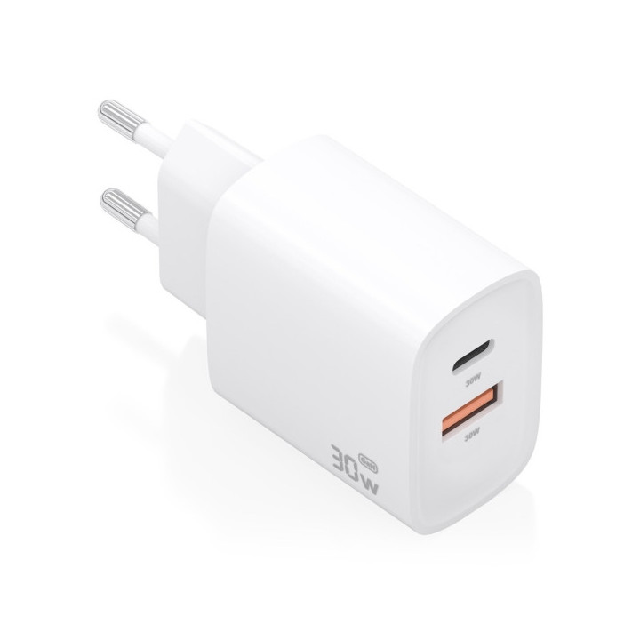 Aisens Cargador GaN 30W - USB-C PD3.0 - Tecnologia AI para Detectar Protocolo y Velocidad de Carga - Color Blanco