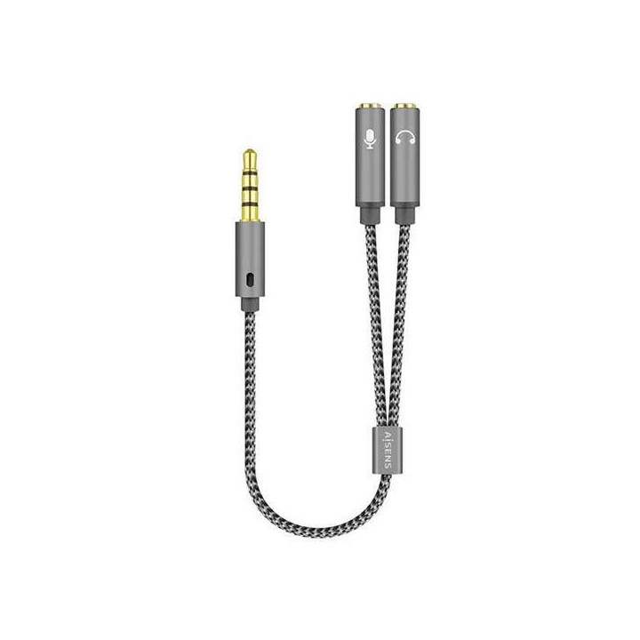 Aisens Cable Adaptador Audio JACK 3.5 4 Pines/M-2xJACK 3.5 3 Pines/H - 25cm - Color Gris