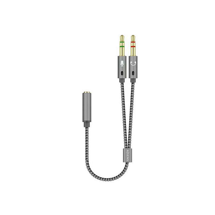 Aisens Cable Adaptador Audio JACK 3.5 4 Pines/H-2xJACK 3.5 3 Pines/M - 25cm - Color Gris