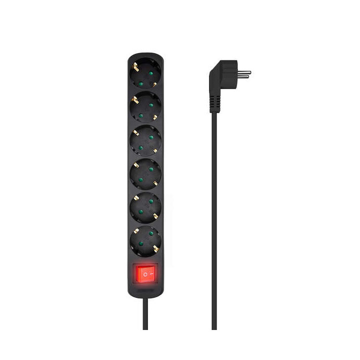 Aisens Regleta Multiple de 6 Tomas con Interruptor con Cable 3×1.5mm2 - 1.4m - Color Negro