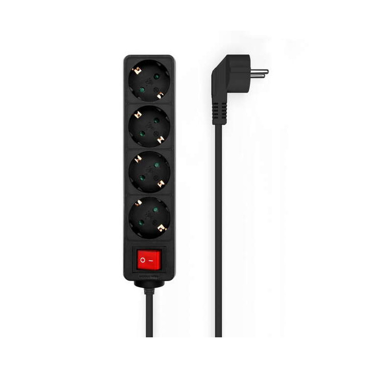 Aisens Regleta de 4 Tomas Schuko con Cable de 1.4m - Interruptor On/Off - Proteccion Infantil - Color Negro