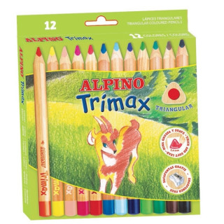 Alpino Trimax Pack de 12 Lapices de Colores Triangulares Gruesos + Sacapuntas - Mina de 5.4mm - Resistente al Agua - Bandeja Ex