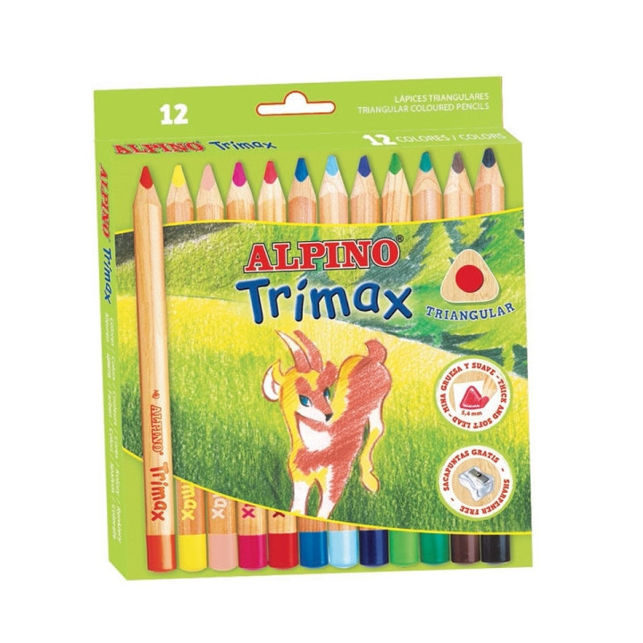 Alpino Trimax Pack de 12 Lapices de Colores Triangulares Gruesos + Sacapuntas - Mina de 5.4mm - Resistente al Agua - Bandeja Ex