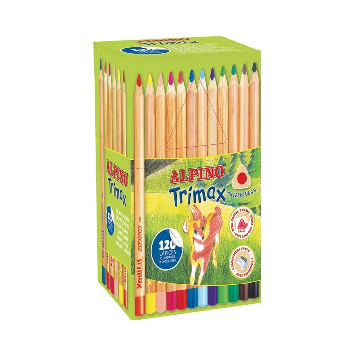 Alpino Trimax Economy Pack de 120 Lapices de Colores Triangulares Gruesos + 2 Sacapuntas - Mina de 5.4mm - Resistente al Agua -